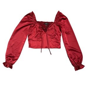 S. Satin Burgundy vintage romantic long sleeve crop top blouse
